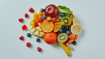 Artistic brain composed of mixed fruits and vegetables on a white background, highlighting healthy eating.の素材