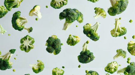 Broccoli pieces falling from above on a white backdrop, showcasing vibrant and nutritious cooking ingredients.の素材