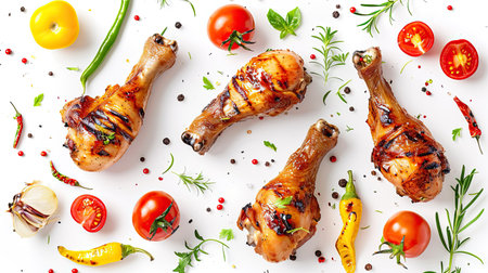 Floating BBQ chicken drumsticks with colorful vegetables, showcasing delicious grilled meals on white background.の素材