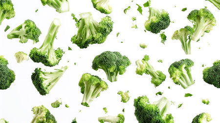 Fresh broccoli pieces descending gently on white, perfect for emphasizing healthy eating habits.の素材