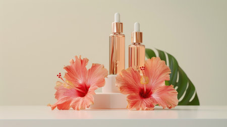 Elegant display of hibiscus flower and skincare ampoules on a white table, perfect for beauty product photography.の素材