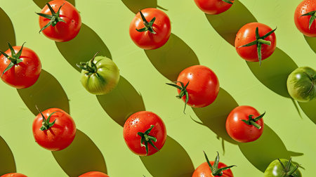 Design template with frontal shot against green backdrop, featuring ripe tomatoes in flat lay on yellow countertop.の素材