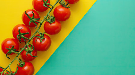 Creative layout template against green backdrop, highlighting ripe tomatoes in a flat lay arrangement on yellow countertopの素材
