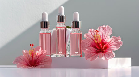 Elegant arrangement of skincare ampoules and hibiscus flower on a white table, perfect for a beauty product display.の素材