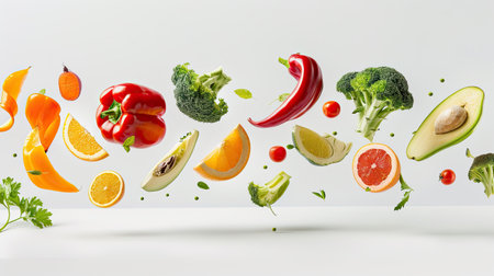 Fresh fruits and vegetables in mid-air, isolated on white, capturing the essence of healthy and wholesome eating.の素材