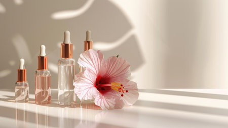 Elegant arrangement of skincare ampoules and hibiscus flower on a white table, perfect for a beauty product display.の素材