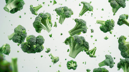 Green broccoli florets falling delicately on white background, perfect for emphasizing organic and farm-fresh produce.の素材