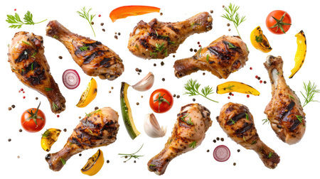 Floating BBQ chicken drumsticks and assorted veggies on white background, highlighting savory grilled food options.の素材