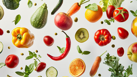 Fresh fruits and vegetables floating in mid-air, showcasing a diverse and healthy diet against a white background.の素材