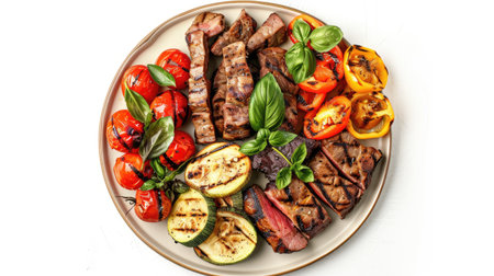Delicious grilled vegetables, savory meat slices, and aromatic basil arranged on a plate, isolated on a pristine white background.の素材