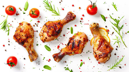 Floating BBQ chicken drumsticks and vegetables on white background, ideal for showcasing delicious grilled cuisine.の素材