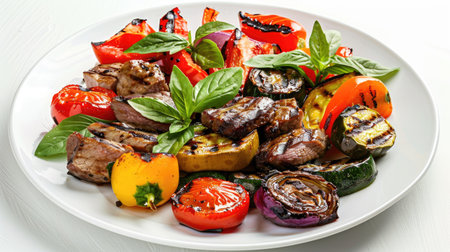 Grilled vegetables, tender meat portions, and basil garnish elegantly plated and isolated against a white backdrop.の素材