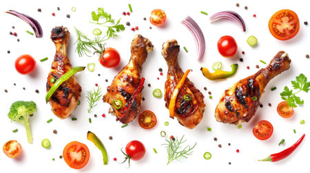 Grilled BBQ chicken drumsticks floating with assorted veggies, isolated on white, perfect for summer cookout concepts.の素材