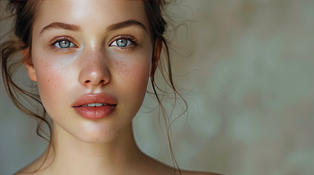 Radiant young woman with flawless, healthy skin in a portrait, capturing her natural beauty.の素材