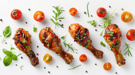 Grilled BBQ chicken drumsticks floating alongside fresh vegetables on white background, perfect for outdoor dining concepts.の素材
