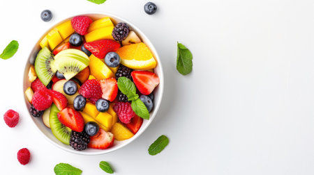 Healthy bowl of fresh fruit salad on a white background, perfect for a nutritious snack.の素材