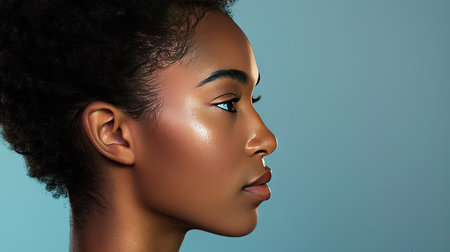 Young woman in profile with radiant, shiny skin, emphasizing her natural radiance.の素材