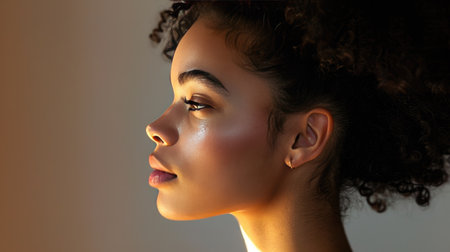 Young woman in profile with flawless, radiant skin, showcasing her natural beauty.の素材