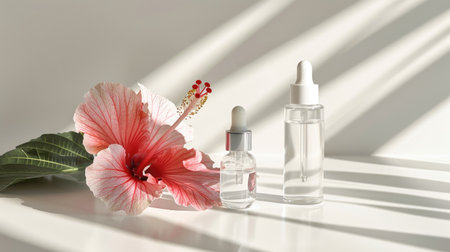 Pristine white table with skincare ampoules and a hibiscus flower, emphasizing clean and natural skincare.の素材