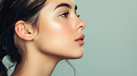 Side profile of a young woman with shiny, healthy skin, emphasizing her natural beauty.の素材