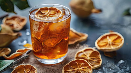 Refreshing quince iced tea in a glass cup with dried bael fruit slices, capturing a healthy beverage.の素材