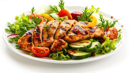 Plate of grilled chicken breast with mixed salad greens and vegetables, isolated on white for gourmet culinary visuals.の素材
