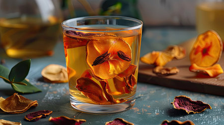 Quince tea in a glass with dried bael fruit slices, showcasing a healthy and refreshing drink.の素材