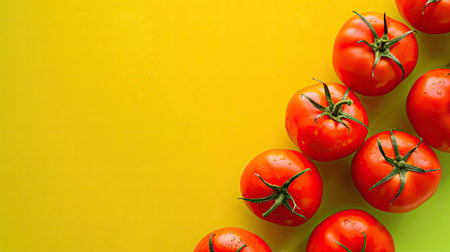 Template for creative design against green background, featuring ripe tomatoes flat lay on vibrant yellow countertop.の素材