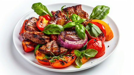Plate showcasing grilled vegetables, juicy meat, and basil leaves, isolated on white for gourmet culinary presentations.の素材