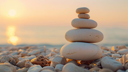 Balanced stone pyramid on pebbly shore with clear sky during golden hourの素材