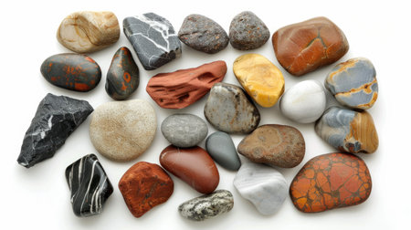 Assortment of rocks and pebbles of different colors and sizes, white backgroundの素材