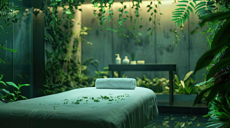 Empty massage table set for luxurious wellness treatment in serene spaの素材