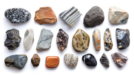 Grouping of various rocks and pebbles isolated against white backdropの素材