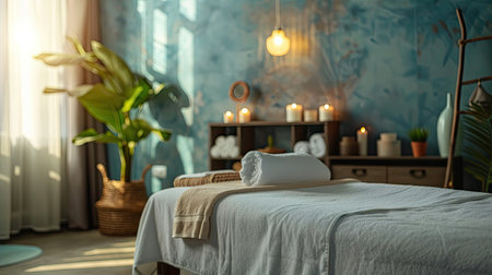 Empty massage table set for luxurious wellness treatment in spaの素材