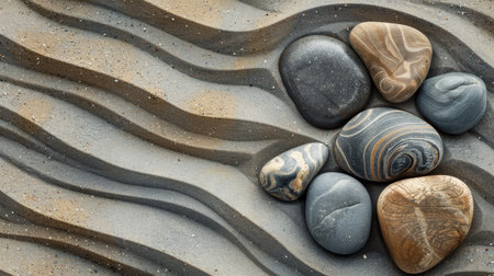 Close-up of sea stones on sandy shore with wavy texturesの素材