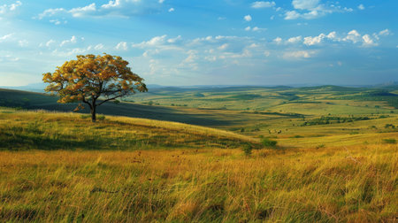 Peaceful autumn view of green savanna landscapeの素材