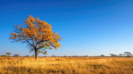 Tranquil autumn scene with clear blue skies in savannaの素材