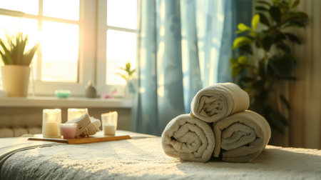 Relaxing spa ambiance with neatly prepared massage tableの素材