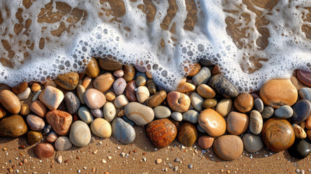 Ocean stones on sandy beach with natural wave patternsの素材