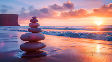 Tranquil moment on beach with balanced rock pyramid under sunset huesの素材