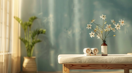 Serene spa background with beautifully arranged massage tableの素材