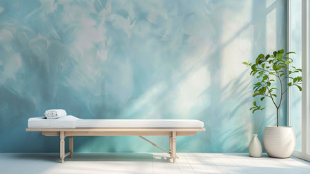 Tranquil spa background featuring an empty massage tableの素材