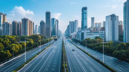 Skyline view of cityscape with wide road and high-rise buildingsの素材