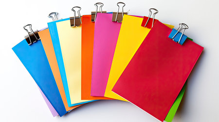 Assorted colorful note papers clipped together with paperclip, white backgroundの素材