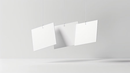 Blank business cards suspended elegantly in air on a neutral white backdrop, perfect for your mockup needsの素材