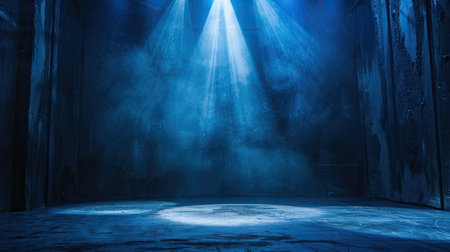 Blue spotlight illuminating dim stage, creating captivating contrastの素材