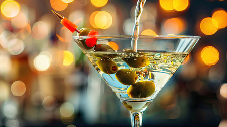 Close-up of cocktail pouring into martini glass with olives, soft blurred backgroundの素材