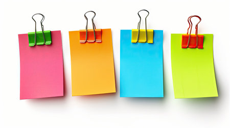 Assorted colorful sticky notes with paperclip, isolated on whiteの素材