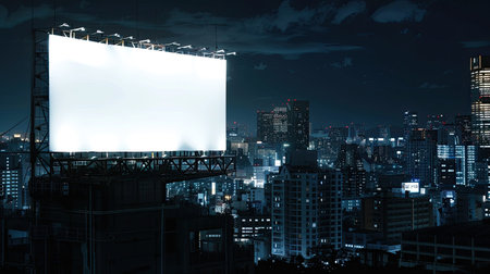 Blank billboard on a high-rise rooftop at night, showcasing your brand against a city skylineの素材
