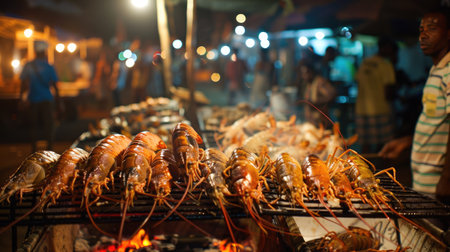 Grilled lobster and prawns on display at a bustling night market in Stone Town, enticing passersbyの素材